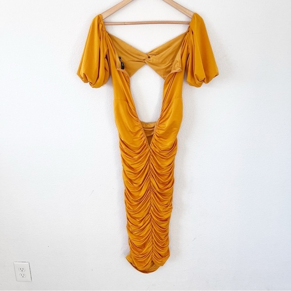Elle Zeitoune Naira Ruched Off Shoulder Formal in Marigold Gold Midi Dress - Picture 9 of 10
